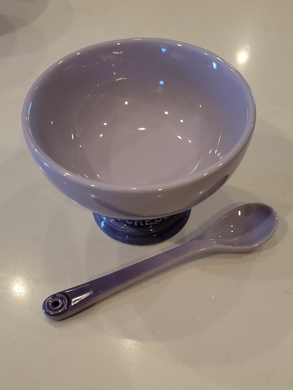 Le Creuset Retired Rare Bluebell Purple Pedestal Bowl With Cafe Spoon